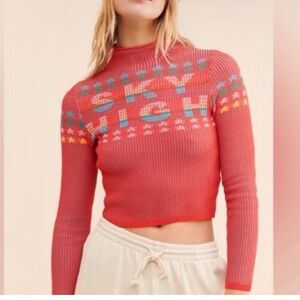 BDG Red Ribbed “sky high” Knit Sweater with Multicolor Design